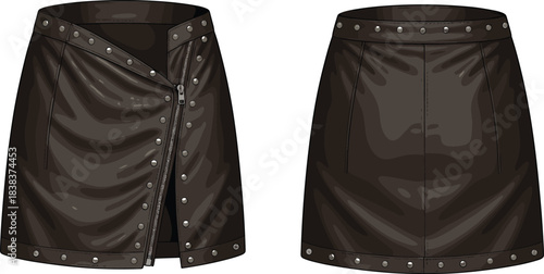 Technical flat sketch of asymmetrical leather mini skirt with diagonal zipper, flap overlay, metallic studs, front and back views