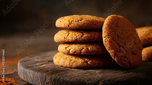 Fototapeta Naklejka Na Ścianę i Meble -  Pumpkin spice cookies on rustic wood board, autumn-winter crossover with clean negative space