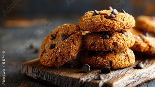 Fototapeta Naklejka Na Ścianę i Meble -  Pumpkin spice cookies on rustic wood board, autumn-winter crossover with clean negative space