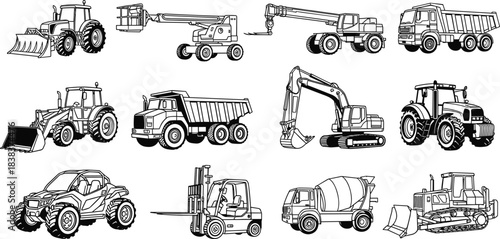 Heavy construction vehicles outline illustration set including excavators, dump trucks, tractors, bulldozers, loader machines for industrial building and engineering projects