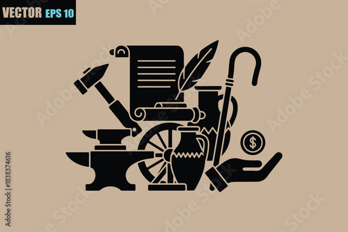 Collection of historical objects representing craftsmanship learning and daily life from a bygone era presented in a stylized silhouette