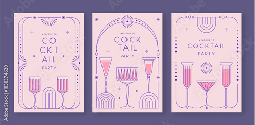Set of line art retro cocktail party posters with cocktail and champagne glasses. Holiday frames. Vector illustration
