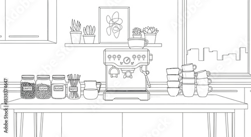 Line art illustration of a coffee station with espresso machine and cups