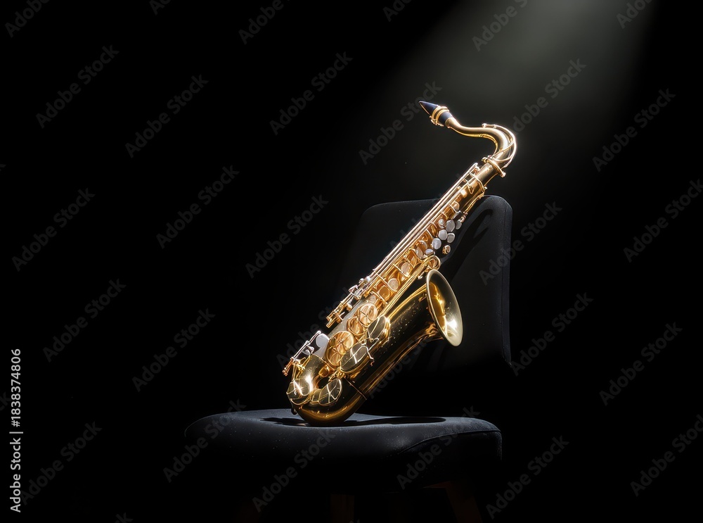 Obraz premium Gleaming Saxophone on Chair with Dramatic Lighting in Black Background