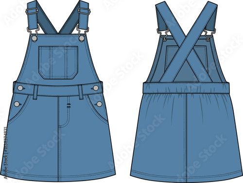 Technical flat sketch of denim overall dress with adjustable straps, bib pocket, side buttons, elastic waistband, front and back views
