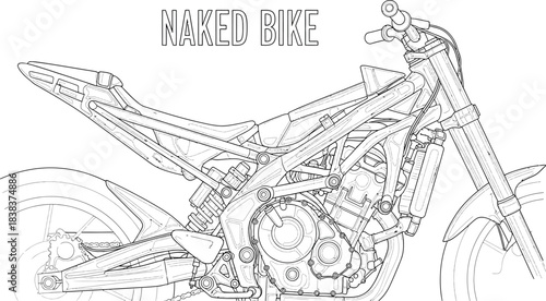 Detailed line art of a naked bike showcasing its mechanical components clearly
