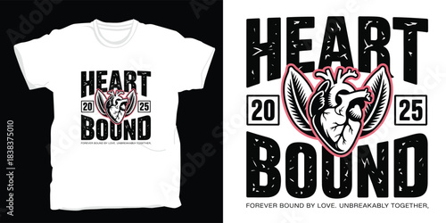 Heart bound t-shirt design with anatomical heart and wings, number 2025, and text about love