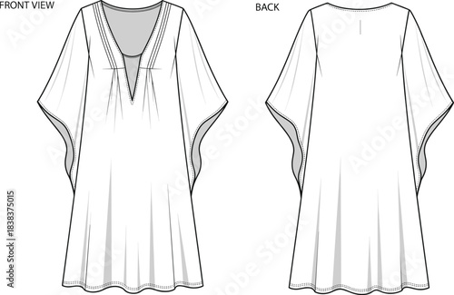 Technical flat sketch of flowing tunic dress, deep V-neck front, round back neckline, wide draped sleeves, fashion design, garment construction
