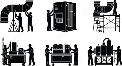 Industrial HVAC technicians working with ventilation ducts and machinery systems, silhouette workers installing and maintaining air conditioning equipment in factory environment