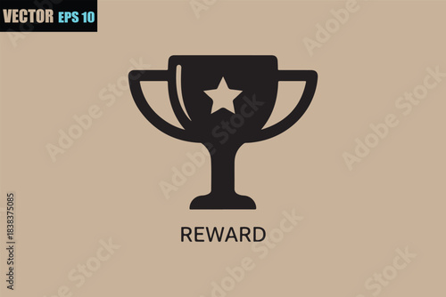 A simple black silhouette of a trophy with a star inside representing achievement and reward set against a plain background