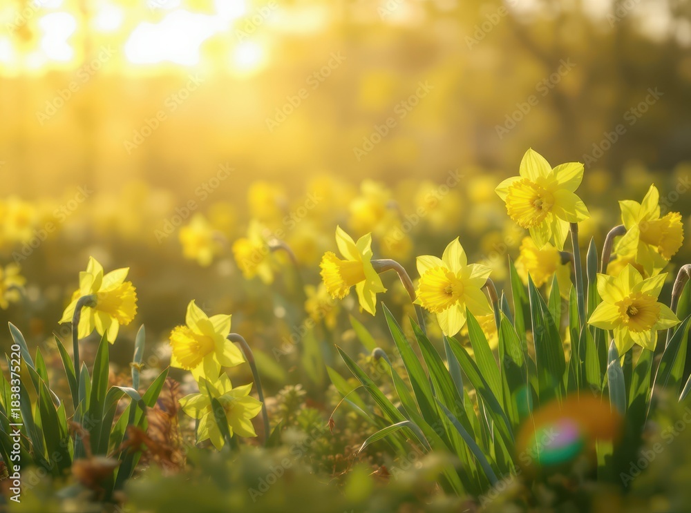 Fototapeta premium Bright Yellow Daffodils Blooming in Springtime Sunlight at Dawn