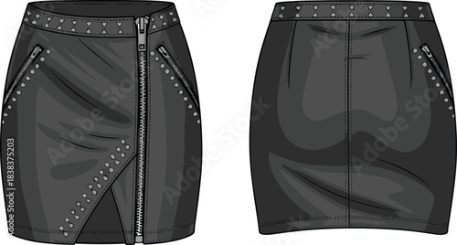 Technical flat sketch of high-waisted mini skirt with front zipper, metallic studs, diagonal seams, fitted silhouette, front and back views