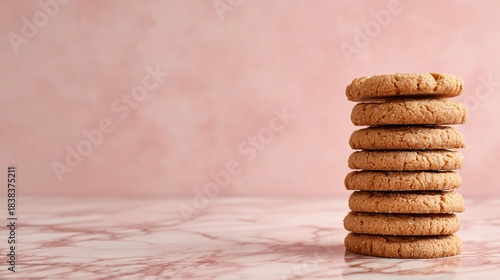 Fototapeta Naklejka Na Ścianę i Meble -  Vanilla spice cookies stacked neatly on pale pink marble, refined minimalist mood