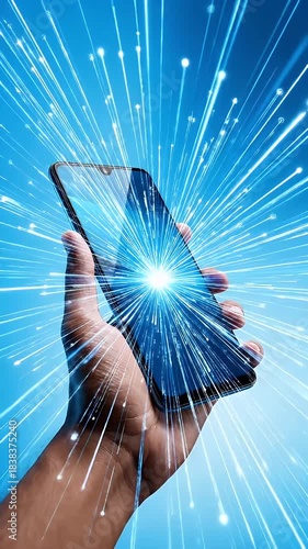 Futuristic hand holding a smartphone radiating digital energy and light streaks symbolizing fast connectivity innovation technology advancement and modern communication