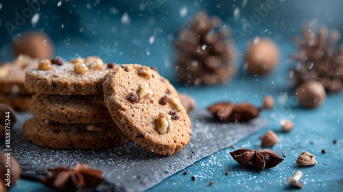 Fototapeta Naklejka Na Ścianę i Meble -  Walnut spice cookies on cool slate-blue backdrop, airy winter mood with negative space