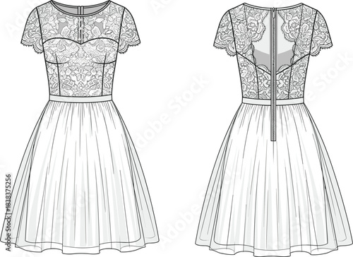Technical flat sketch of lace bodice dress with pleated skirt, short sleeves, back zipper, floral overlay, front and back views