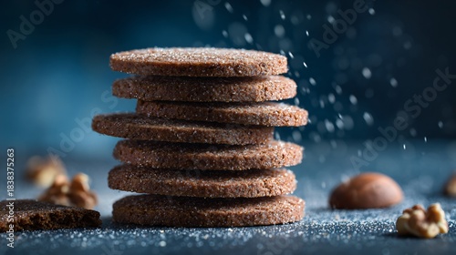 Fototapeta Naklejka Na Ścianę i Meble -  Walnut spice cookies on cool slate-blue backdrop, airy winter mood with negative space