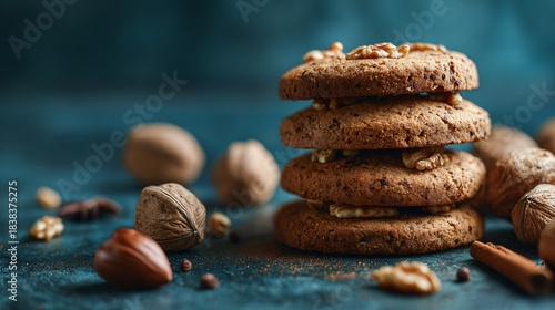 Fototapeta Naklejka Na Ścianę i Meble -  Walnut spice cookies on cool slate-blue backdrop, airy winter mood with negative space