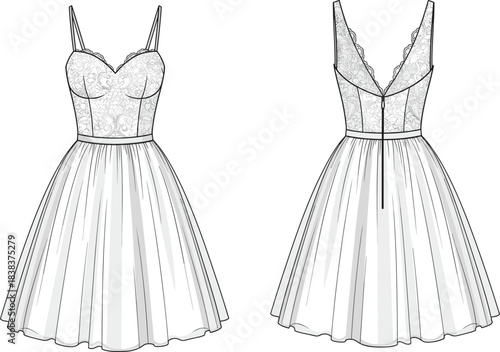 Technical flat sketch of lace bodice dress with sweetheart neckline, pleated flared skirt, deep V-back, front and back views