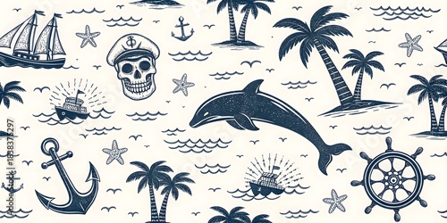 Fototapeta Naklejka Na Ścianę i Meble -  Seamless nautical pattern with tropical elements and sea creatures