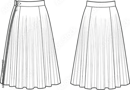 Technical flat sketch of pleated A-line skirt with high waistband, side zipper, button closure, flared silhouette, front and back views