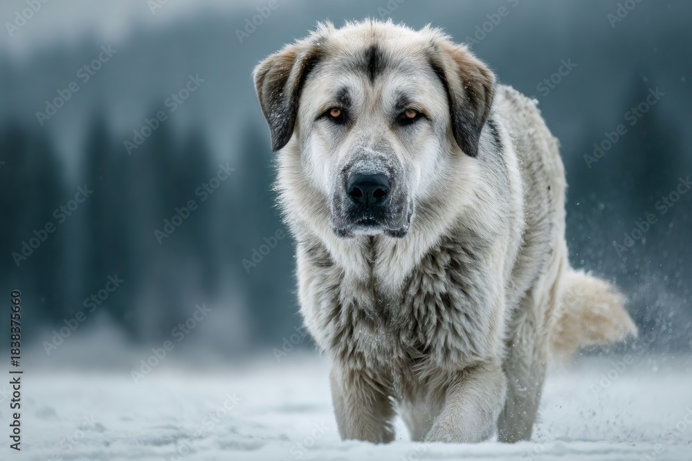 Naklejka premium Great pyrenees dog walking through deep winter snow