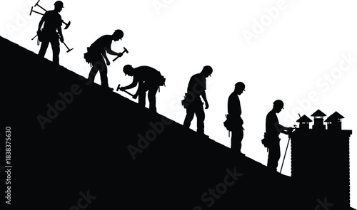Roof construction workers silhouettes installing shingles with tools, skilled labor team on rooftop building and repairing house chimney under safety conditions