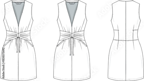 Technical flat sketch of sleeveless dress with deep V-neckline, gathered waist detail, short hemline, fitted silhouette, front and back views