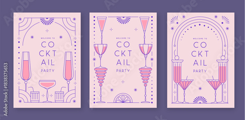 Set of line art retro cocktail party posters with cocktail and champagne glasses. Holiday frames. Vector illustration