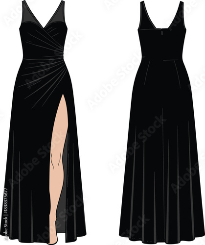 Technical flat sketch of sleeveless evening gown with deep V-neckline, high slit, gathered waist, flared skirt, front and back views