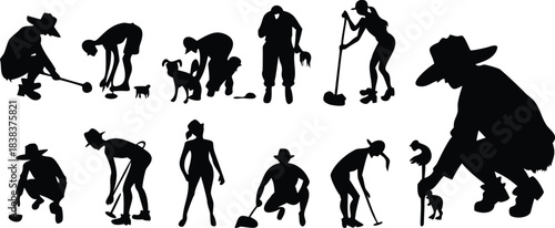 Silhouette of farmers, gardeners, florists, flower growers and country people