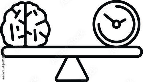 Brain and clock are balancing on a scale, symbolizing time management and mental equilibrium