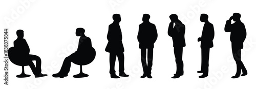 Silhouettes of men, executives standing and sitting, set of workers in different angles in editable vector
