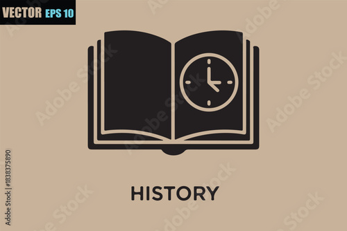 Open book symbol illustrating history with a clock face on its page representing the passage of time and knowledge