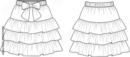 Technical flat sketch of tiered ruffle skirt, elastic waistband, decorative bow variation, front and back views, fashion design, garment construction
