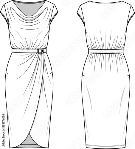 Technical flat sketch of tulip-shaped dress with draped neckline, cap sleeves, belted waist, wrap skirt, front and back views