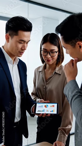 Three diverse business professionals analyze data and performance metrics on a smartphone screen during a collaborative meeting in a modern office setting