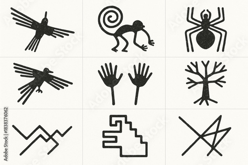 Nazca Lines icon set flat vector illustration with geometric motifs in clean grid layout