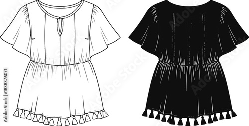 Technical Flat Sketch of a Beach Romper or Swim Cover-Up with Ruffle Sleeves, Elastic Waist, Keyhole Neckline, and Tassel Hem Detail, for Fashion Design CAD.