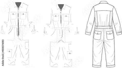 Technical flat sketch of utility jumpsuit with collar, chest flap pockets, belted waist, patch pockets, front, back, and ¾ views