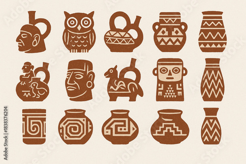 Pre-Columbian Peruvian pottery icon set flat vector illustration with traditional motifs in clean grid layout