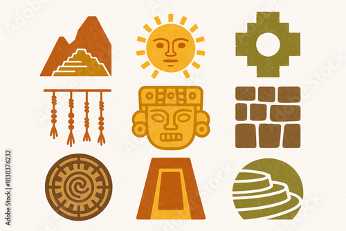 Inca civilization icon set flat vector illustration with traditional motifs in clean grid layout