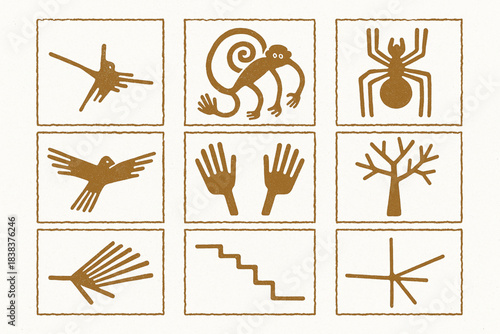 Nazca Lines icon set flat vector illustration with geometric motifs in clean grid layout