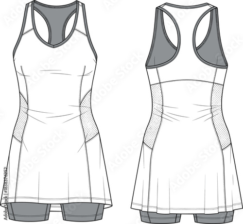 Technical flat sketch of women’s athletic racerback dress with mesh side panels, fitted bodice, flared skirt, built-in shorts, garment construction