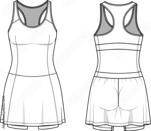Technical flat sketch of women’s athletic racerback dress with fitted bodice, flared skirt, built-in shorts, front and back views