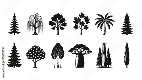 Stunning collection of diverse black and white tree silhouettes perfect for ecological design projects and nature branding