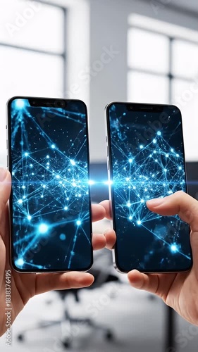 Two hands hold smartphones displaying a futuristic network connection graphic symbolizing digital communication data transfer and innovative technology for business and marketing applications