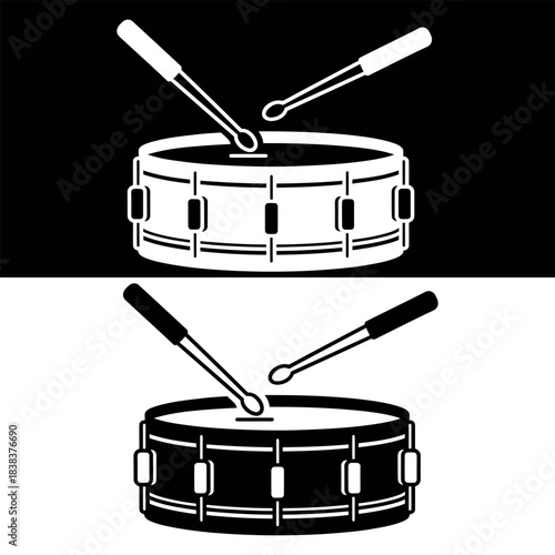 Minimalist flat vector icon of a snare drum with drumsticks isolated on Black & white background