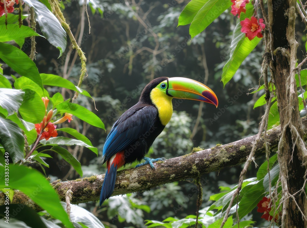 Fototapeta premium Vibrant Toucan Perched on a Branch Surrounded by Lush Greenery