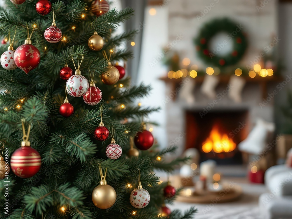 Fototapeta premium Festive Christmas Tree with Ornaments and Warm Fireplace Background